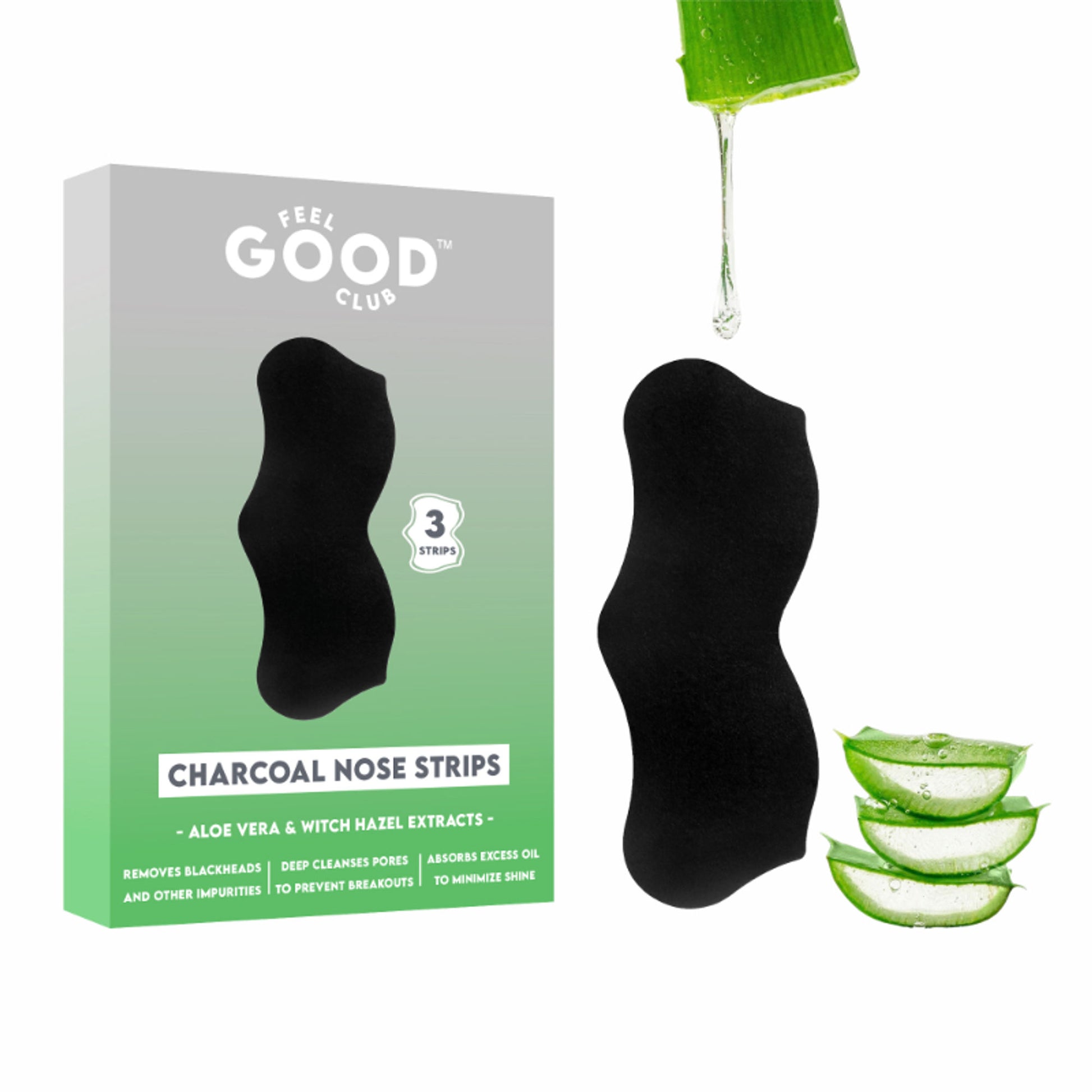 Feel Good Club Pack Of 3 Nose Strips For Skin Pore Cleansing Exfoliation With Charcoal & Aloe Vera