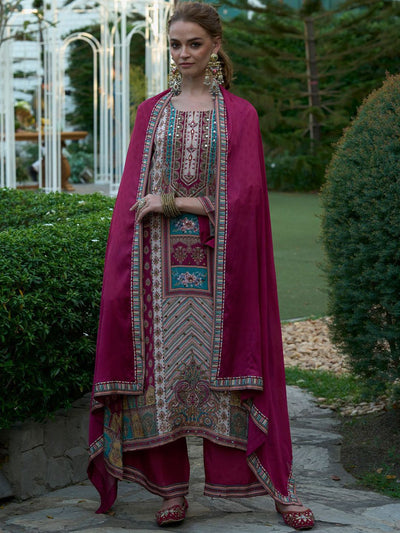 Dhiyona IE Floral Printed Mirror Work Liva A-Line Kurta with Palazzos & Dupatta