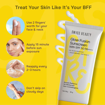 Swiss Beauty Care Glow Fusion Sunscreen SPF 50 PA++++ - 1% Niacinamide & Raspberry Extract