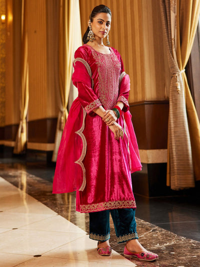 Dhiyona IE Women Ethnic Motifs Embroidered Regular Sequinned Velvet Kurta with Trousers & With Dupatta