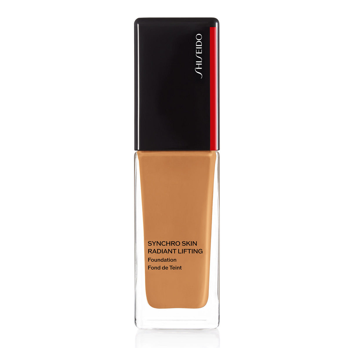 Shiseido Synchro Skin Radiant Lifting Foundation in shade 120 Bronze, showing the foundation bottle with a sleek design.