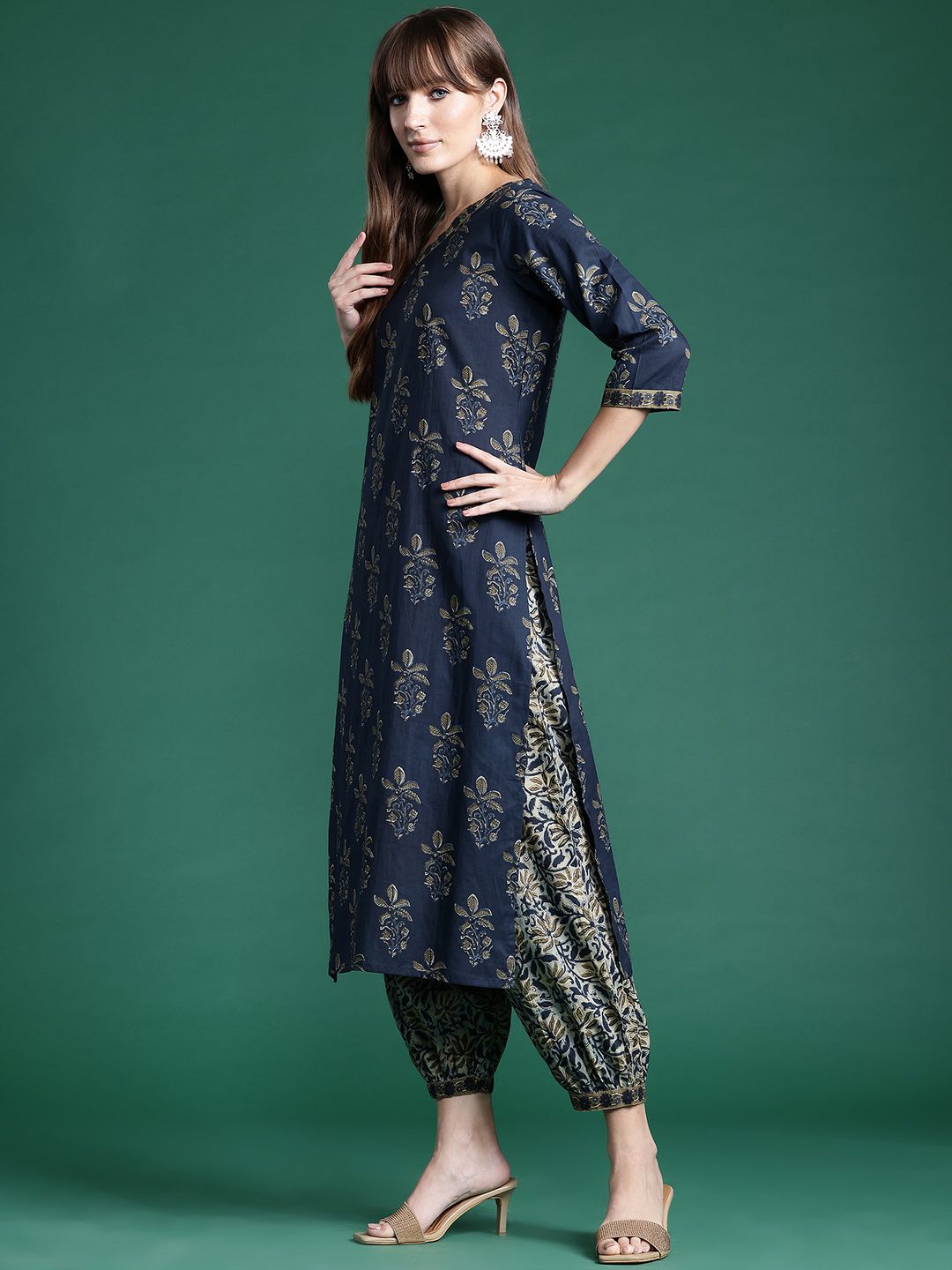 Indyancart IE Floral Printed Pure Cotton Kurta With Salwar & Dupatta