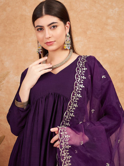 Indyancart SN Women's Purple V- Neck Empire A-Line Kurta & Trousers With Dupatta