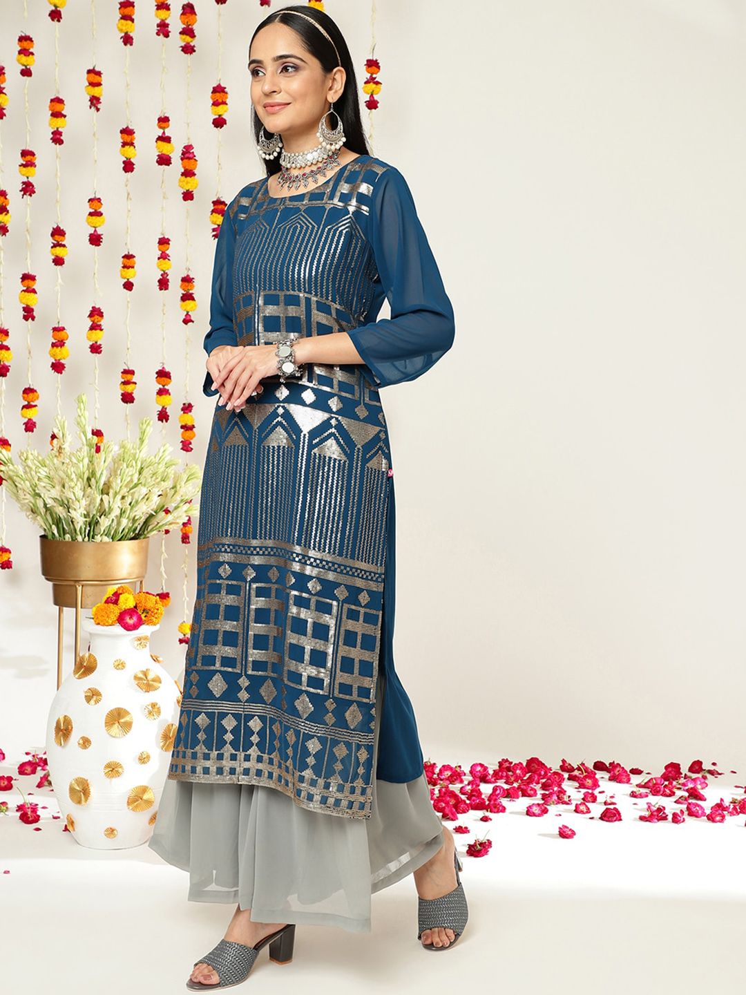 Indyancart VA Women'sEthnic motifs Embroidered Sequinned Straight Kurta & Sharara With Dupatta