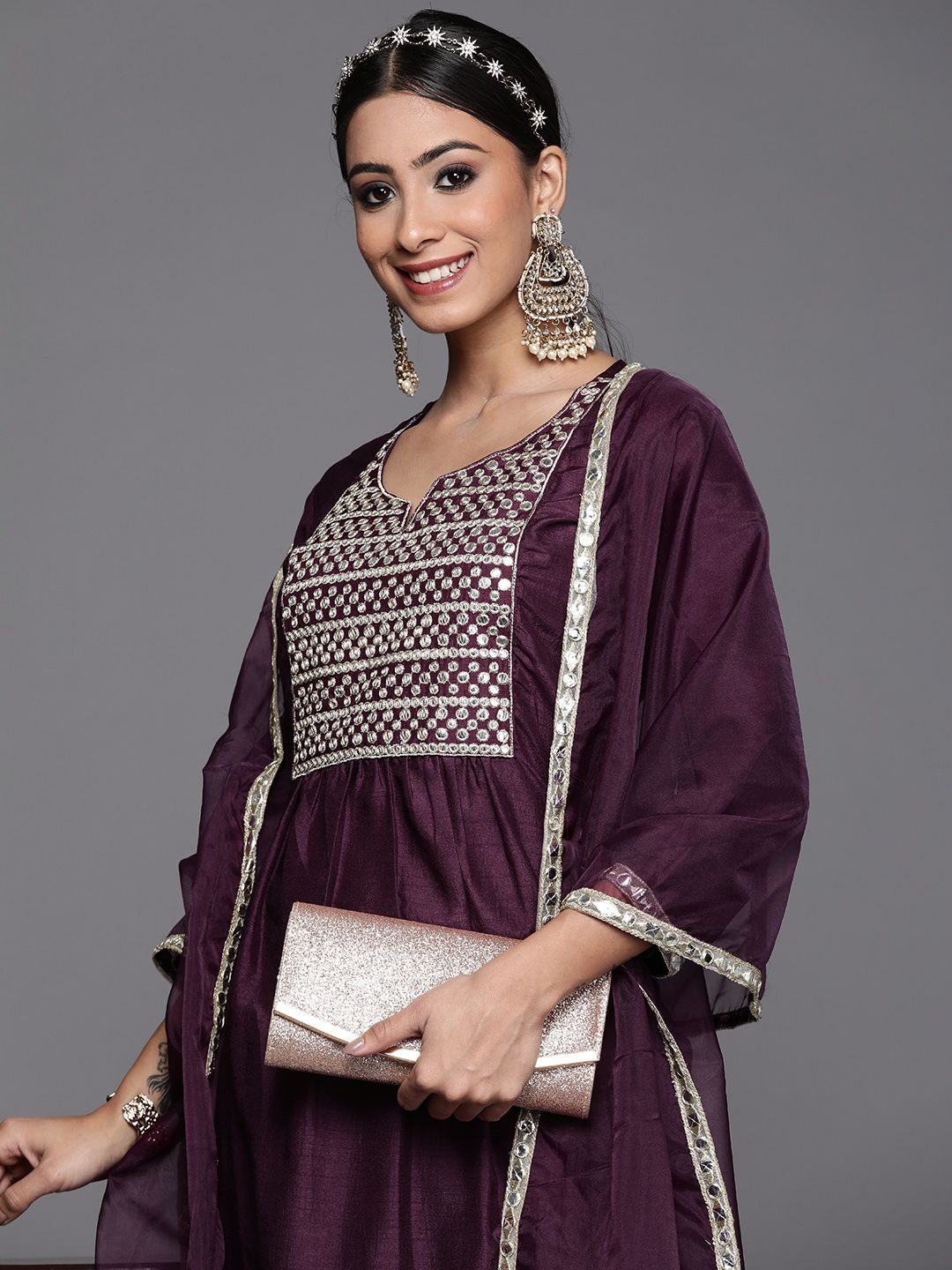 Women Purple Yoke Design Kurta with Trousers & Dupatta