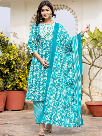Indyancart VA Women's Ethnic Motifs Printed Kurta with Mirror Work, Printed Trousers, and Dupatta