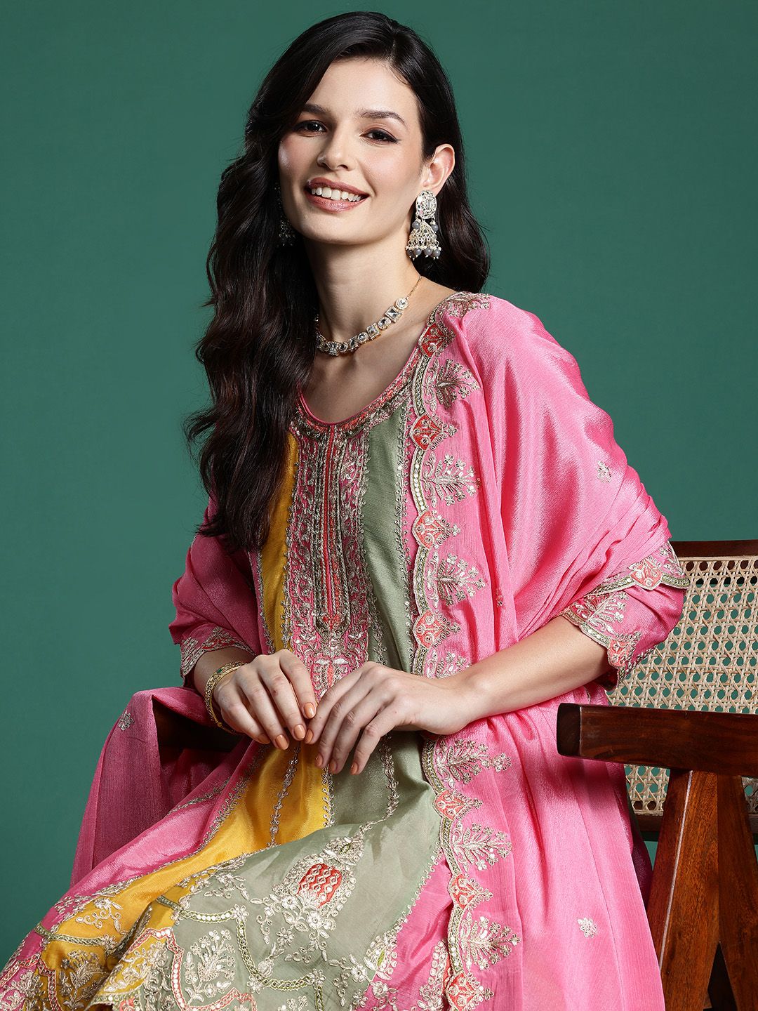 Indyancart IE Ethnic Motifs Embroidered Panelled Sequinned Kurta With Palazzos & Dupatta
