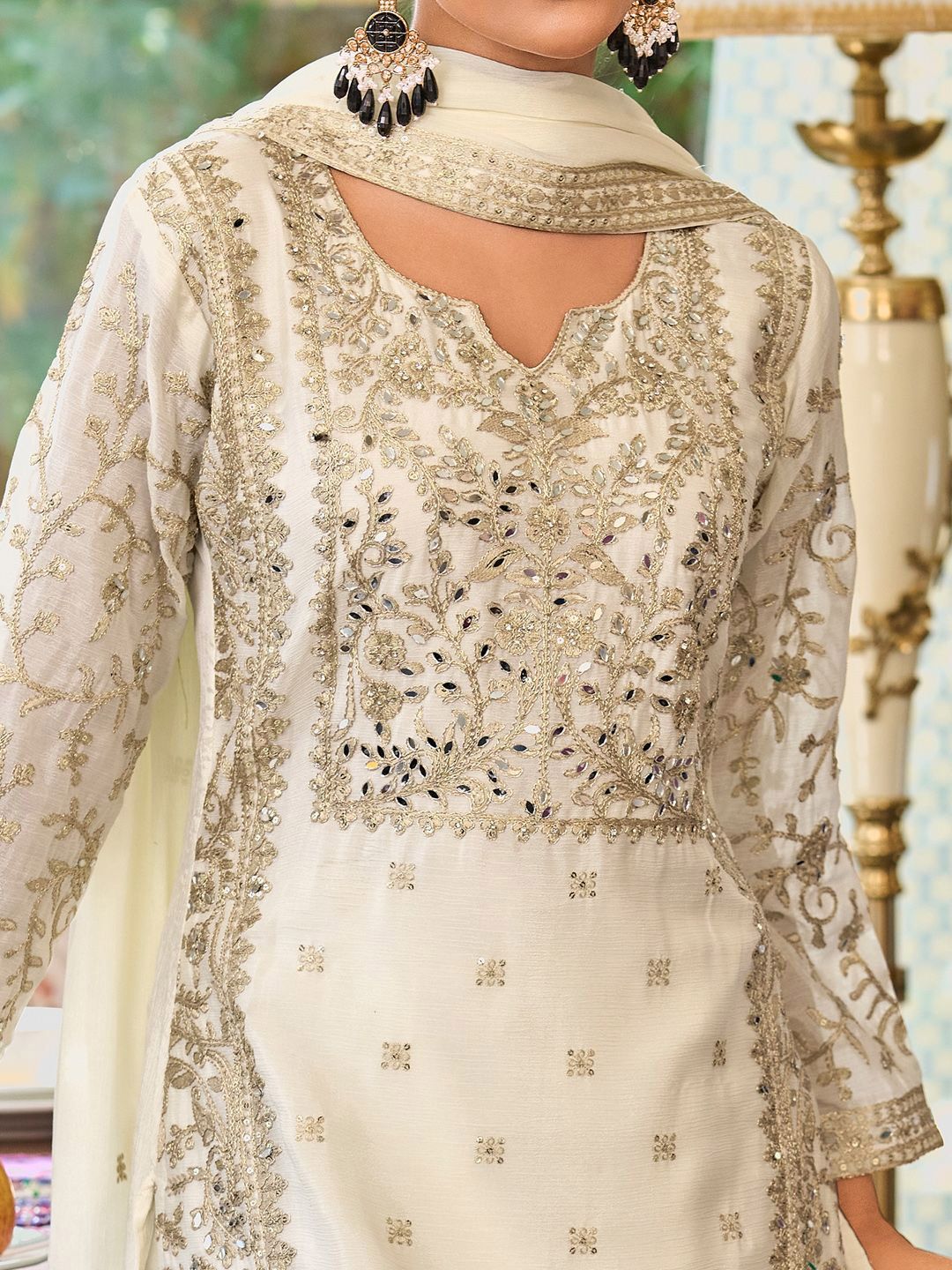 Indyancart IE Floral Embroidered Notch Neck Mirror Work Straight Kurta With Palazzos & Dupatta
