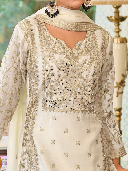 Indyancart IE Floral Embroidered Notch Neck Mirror Work Straight Kurta With Palazzos & Dupatta