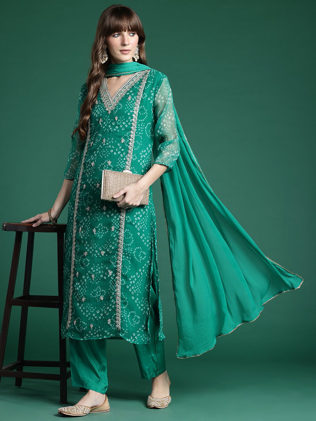 Indyancart IE Bandhani Printed Zari Panelled Kurta With Trousers & Dupatta
