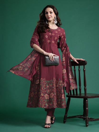 Floral Printed Pure Cotton Kurta with Trousers & Dupatta