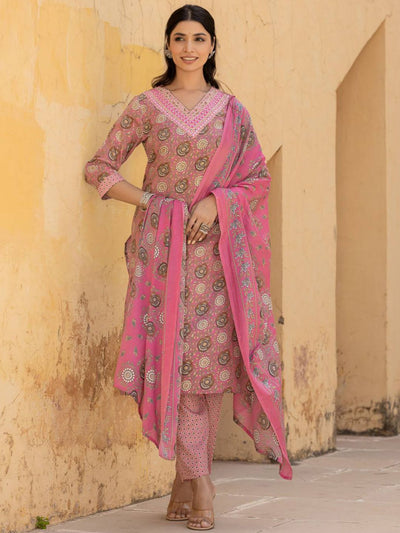 Indyancart VA Women's Floral Embroidered Regular Mirror Work Kurta with Trousers & With Dupatta