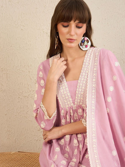 Floral Embroidered Pleated Pure Cotton A-Line Kurta With Trousers & Dupatta