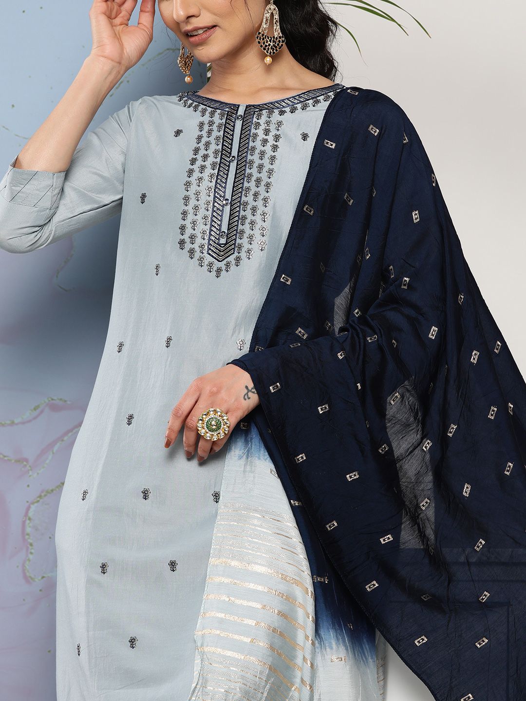 Indyancart VA Women'sFloral Embroidered Button Detail Kurta with Trousers & Dupatta