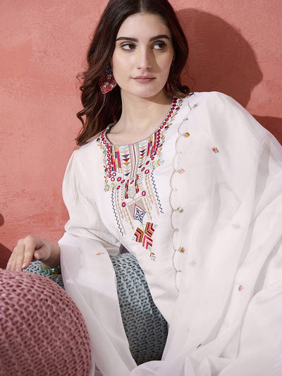 Indyancart SN Women's White Thread Work Round Neck A-Line Kurta With Trousers And Dupatta