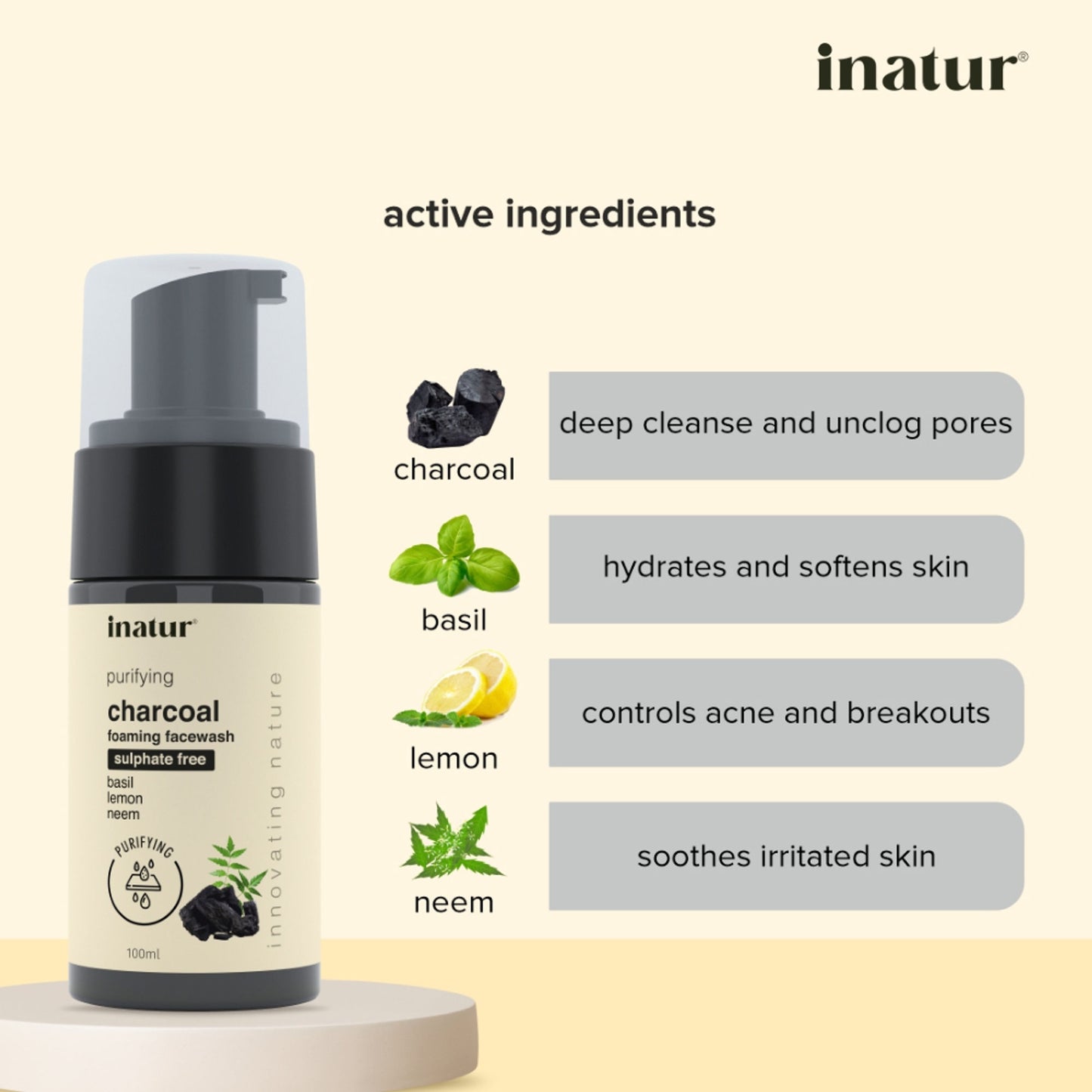 inatur Charcoal Foaming Face Wash, Sulphate-Free, Purifying, Soothing, Daily Use