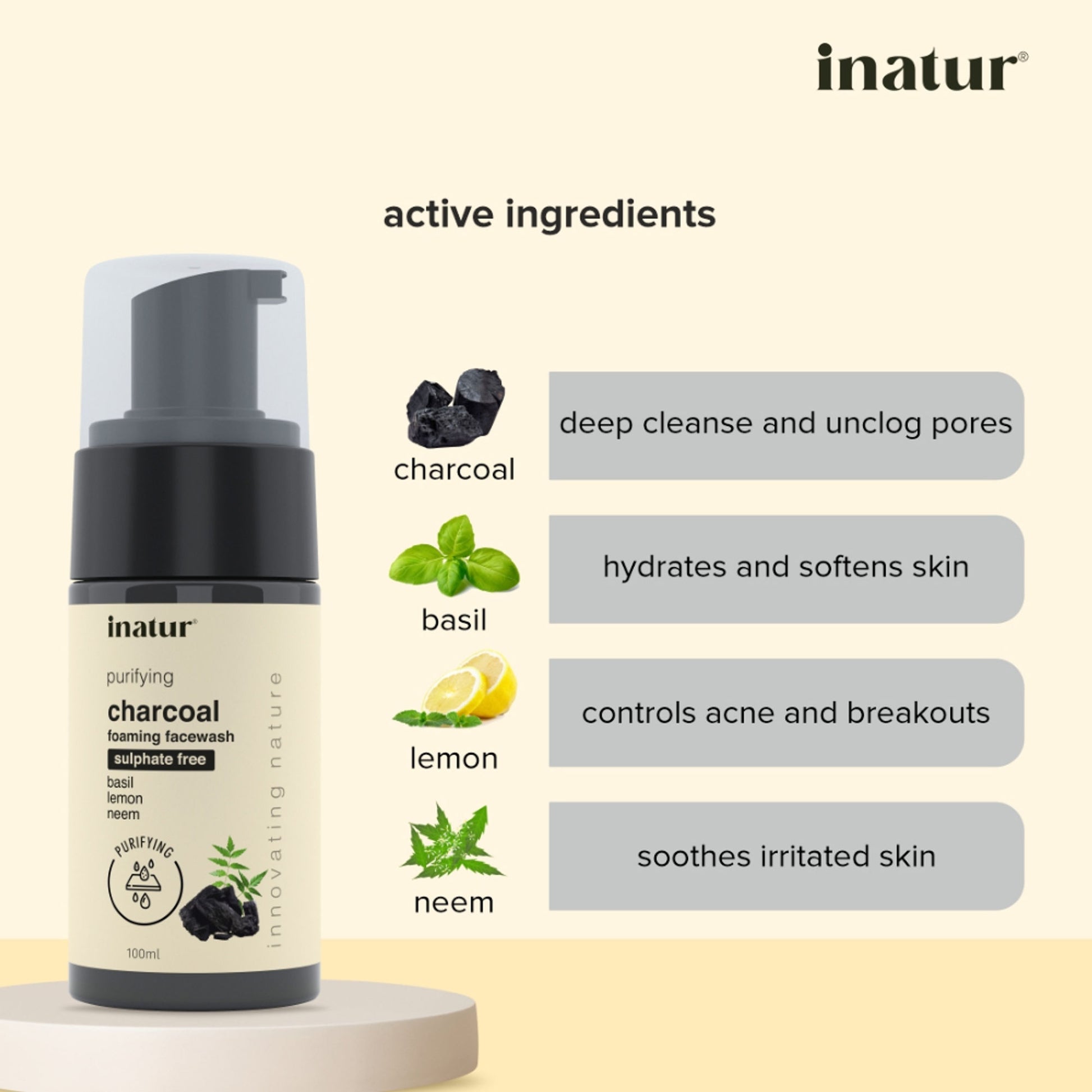 inatur Charcoal Foaming Face Wash, Sulphate-Free, Purifying, Soothing, Daily Use