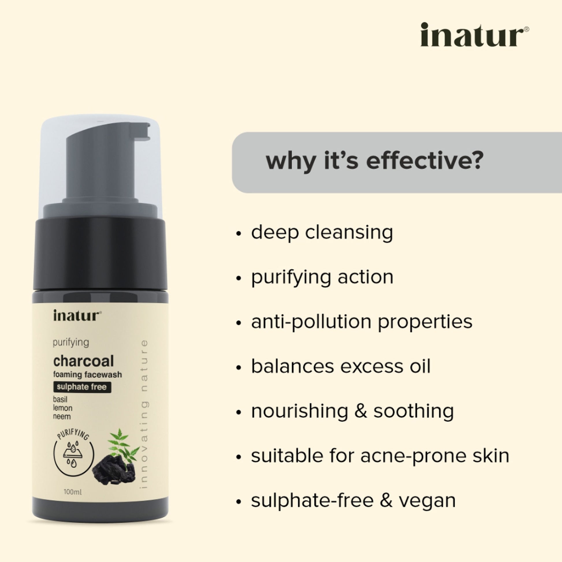inatur Charcoal Foaming Face Wash, Sulphate-Free, Purifying, Soothing, Daily Use