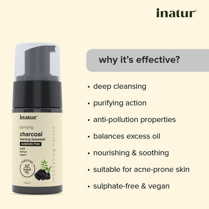 inatur Charcoal Foaming Face Wash, Sulphate-Free, Purifying, Soothing, Daily Use
