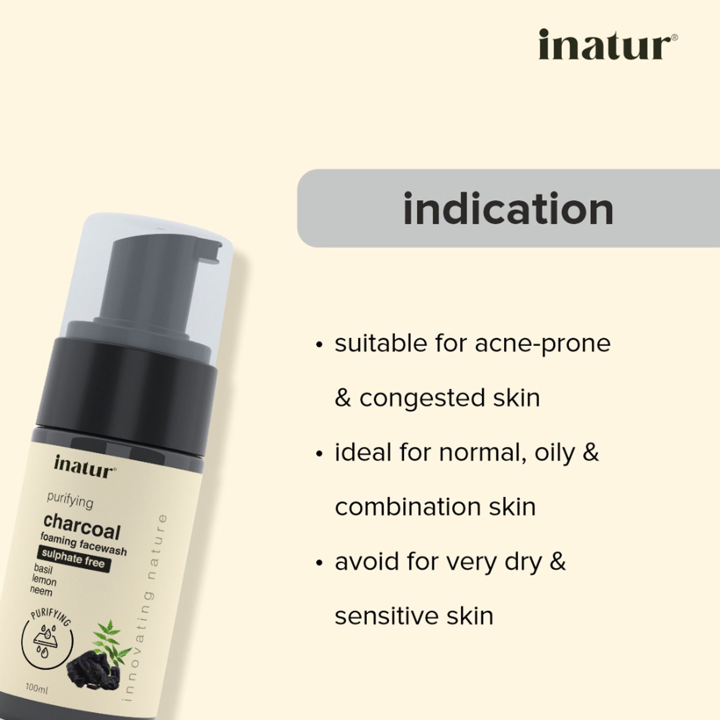inatur Charcoal Foaming Face Wash, Sulphate-Free, Purifying, Soothing, Daily Use