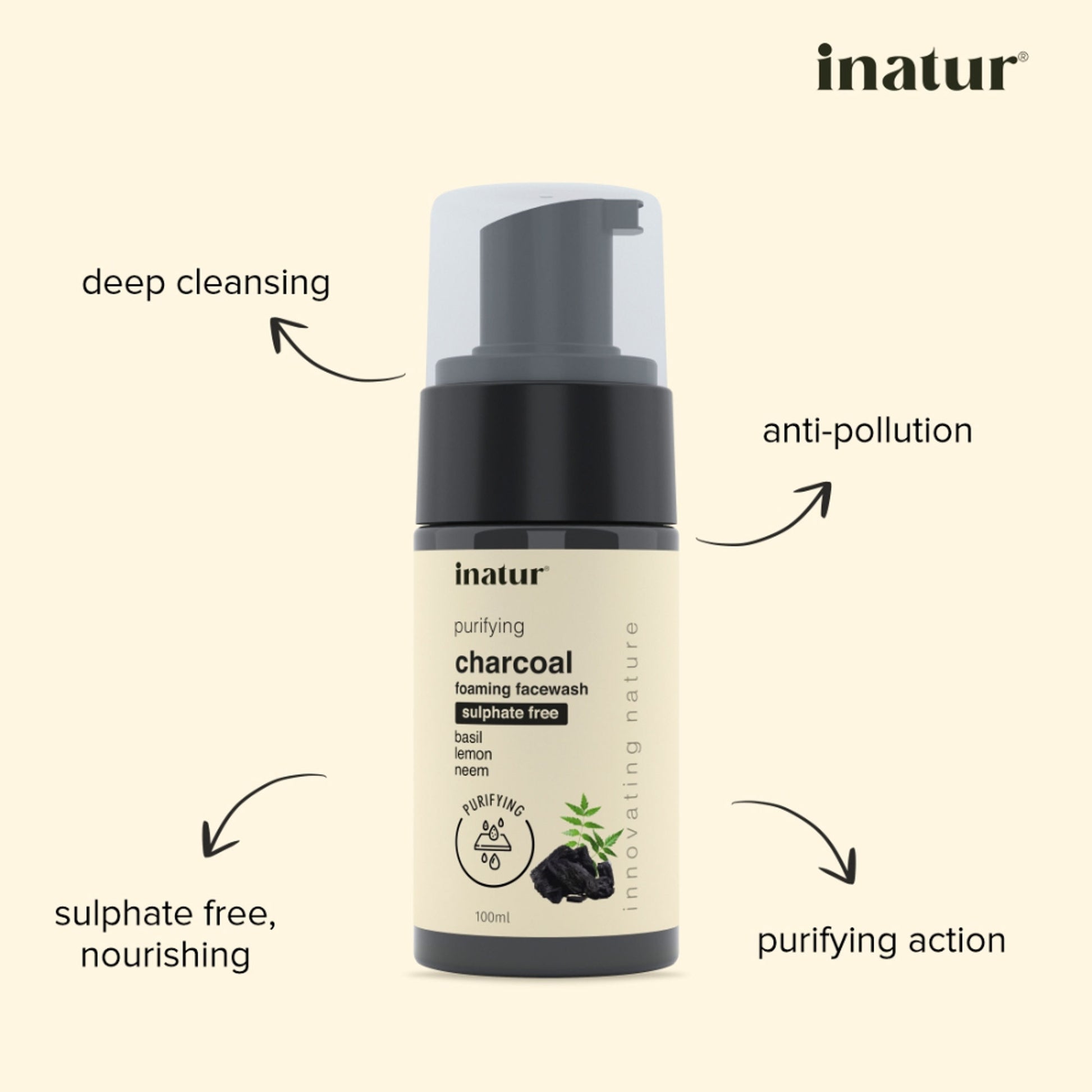 inatur Charcoal Foaming Face Wash, Sulphate-Free, Purifying, Soothing, Daily Use
