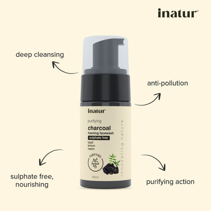 inatur Charcoal Foaming Face Wash, Sulphate-Free, Purifying, Soothing, Daily Use
