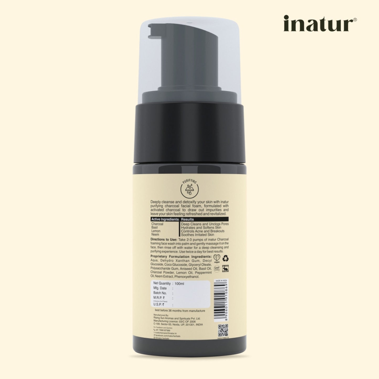 inatur Charcoal Foaming Face Wash, Sulphate-Free, Purifying, Soothing, Daily Use