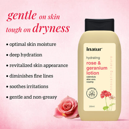 inatur Rose & Geranium Lotion, Natural Lightweight Moisturizer For All Skin Types