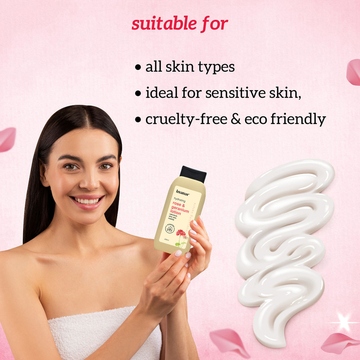 inatur Rose & Geranium Lotion, Natural Lightweight Moisturizer For All Skin Types