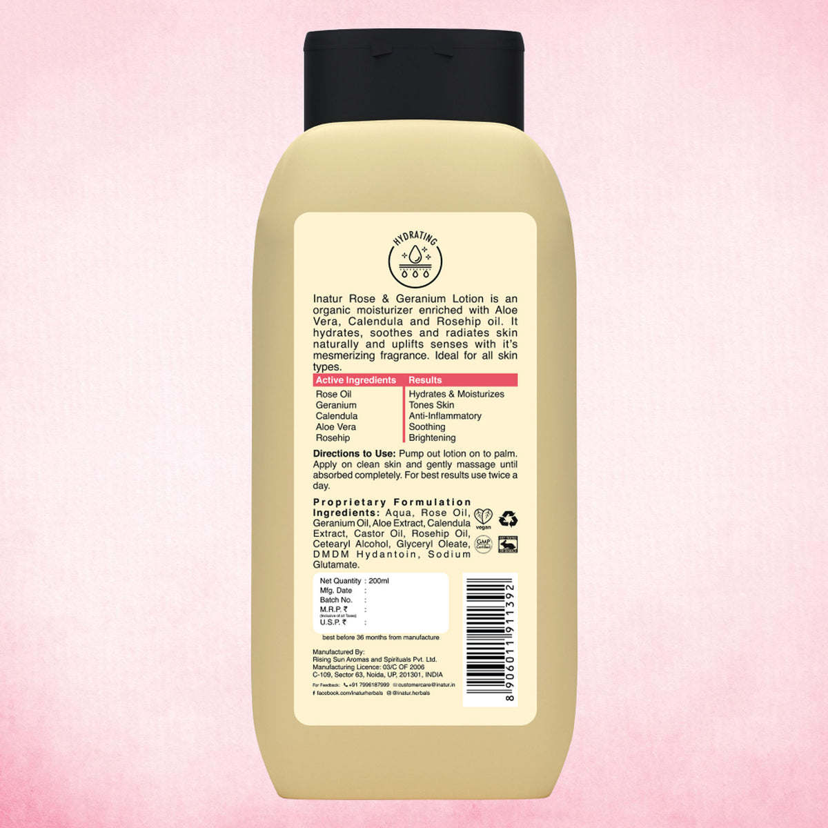 inatur Rose & Geranium Lotion, Natural Lightweight Moisturizer For All Skin Types