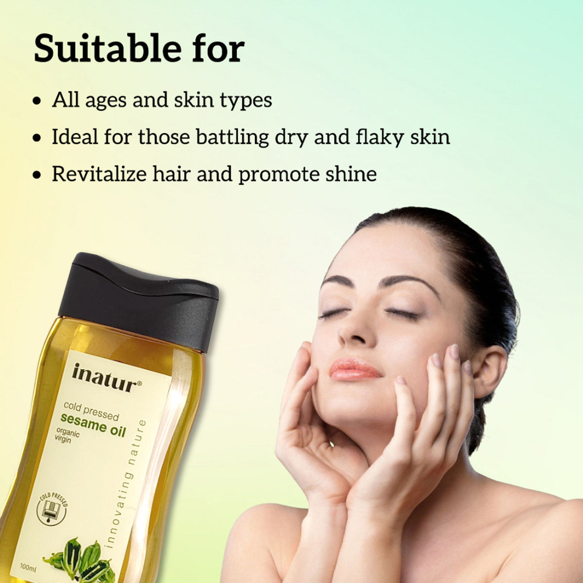 Inatur Sesame Oil bottle showing clear glass container with golden oil, for skin and hair care use.