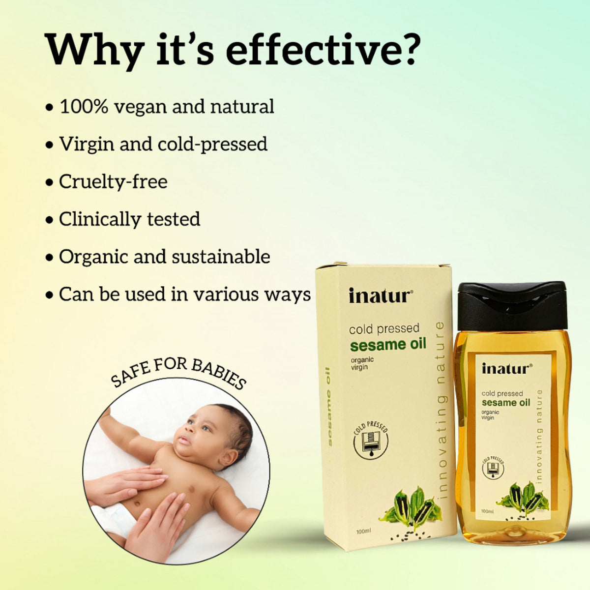 Inatur 100% pure sesame oil in a glass bottle, showing the cold-pressed, virgin, organic oil suitable for skin and hair care.