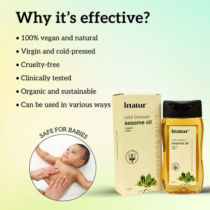 Inatur 100% pure sesame oil in a glass bottle, showing the cold-pressed, virgin, organic oil suitable for skin and hair care.