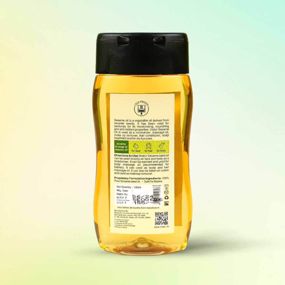 Inatur Sesame Oil bottle showing clear liquid and label, used for skin and hair care, 100% pure, cold-pressed, virgin, organic oil