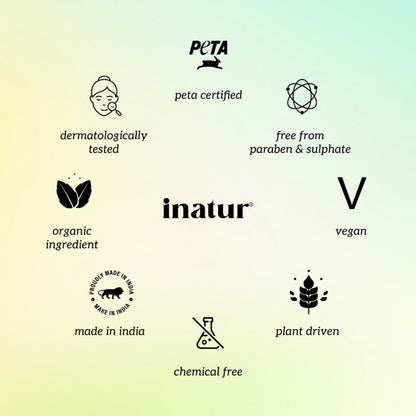 Inatur Sesame Oil bottle, 100% pure cold-pressed organic sesame oil for skin and hair care, with a clear label and golden oil visible.
