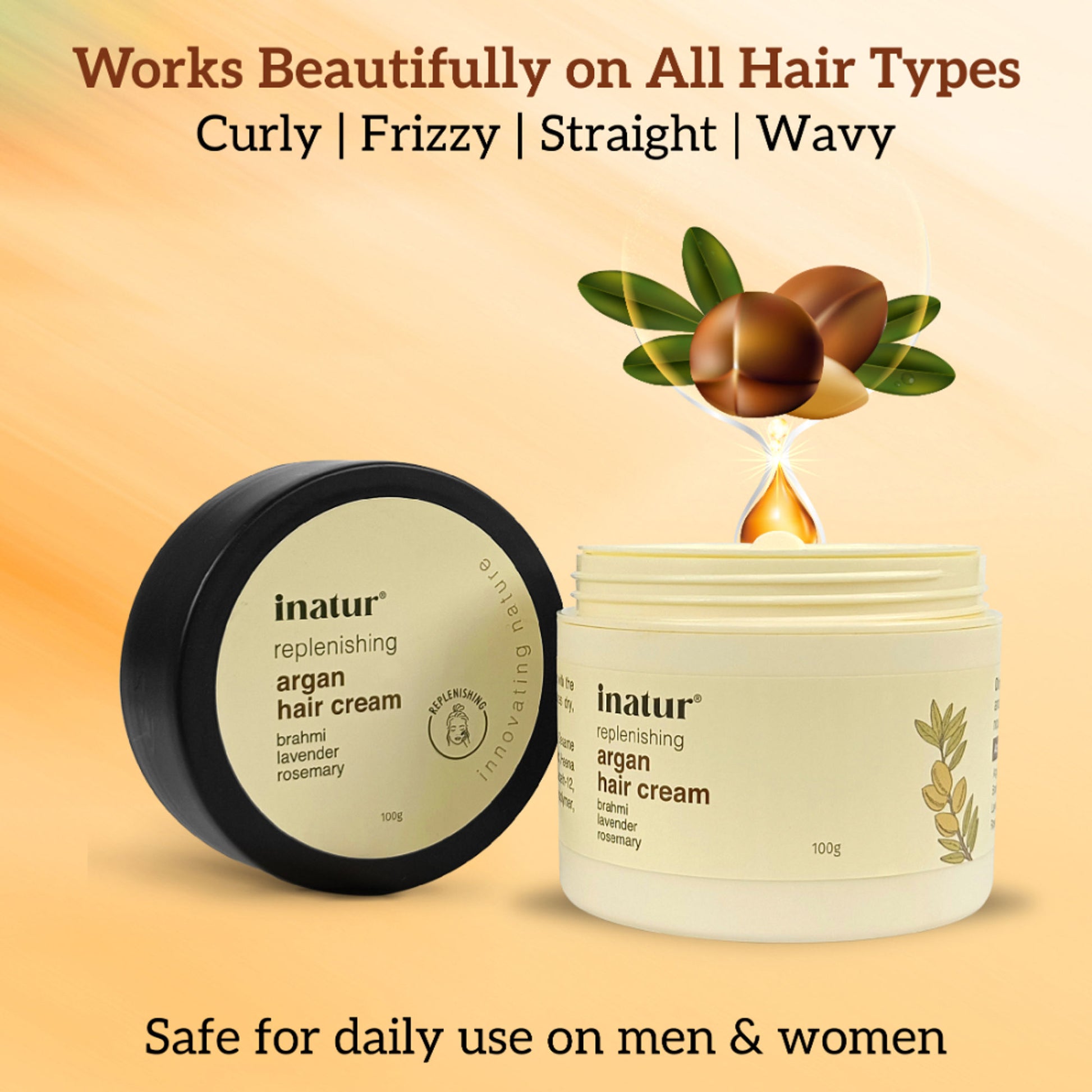 Inatur Argan Hair Cream, Vegan Styling for Men & Women, Controls Frizz & Tames Dry Hair