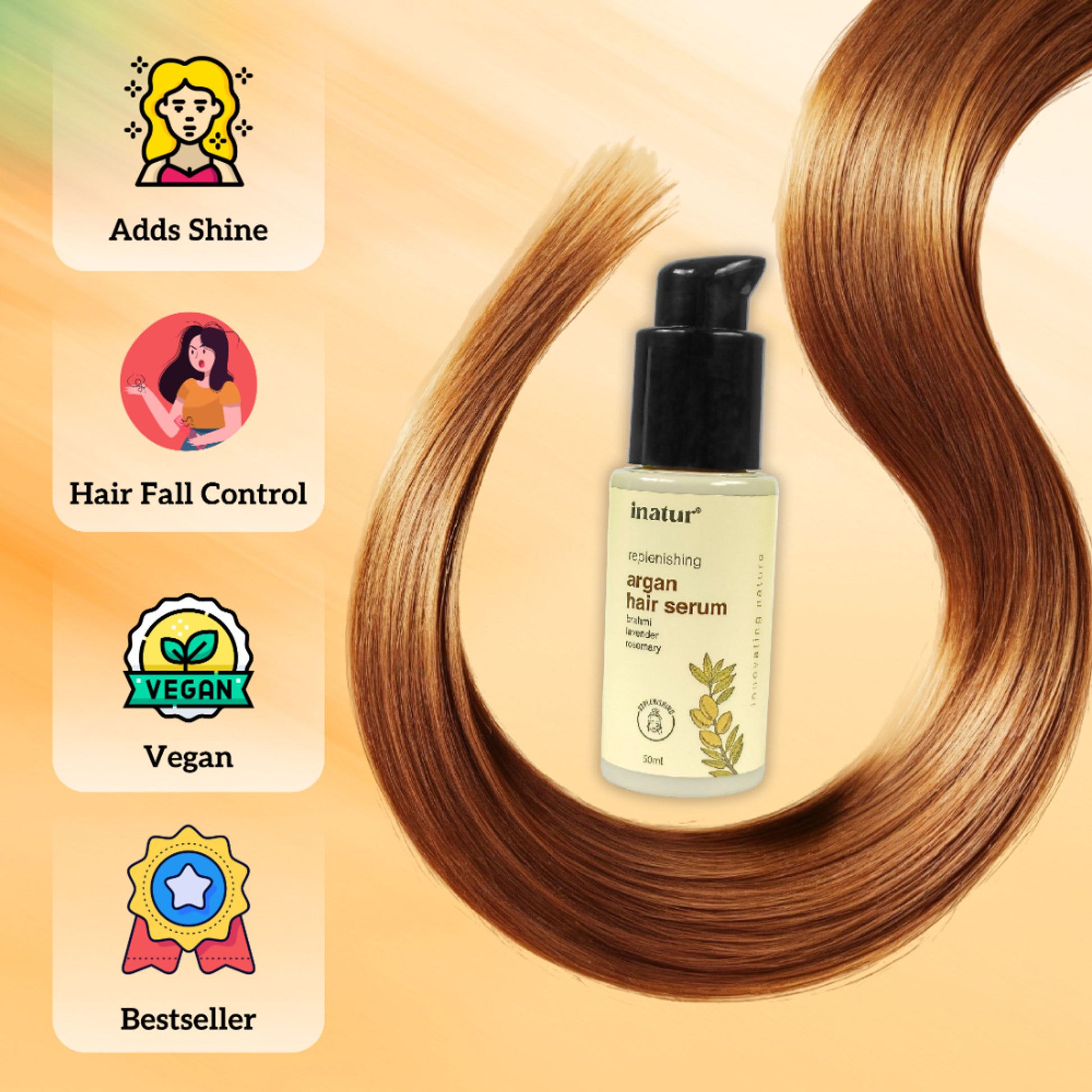 Inatur Argan Hair Serum, Smoothens, Strengthens, Adds Shine, Lightweight & Non-Greasy