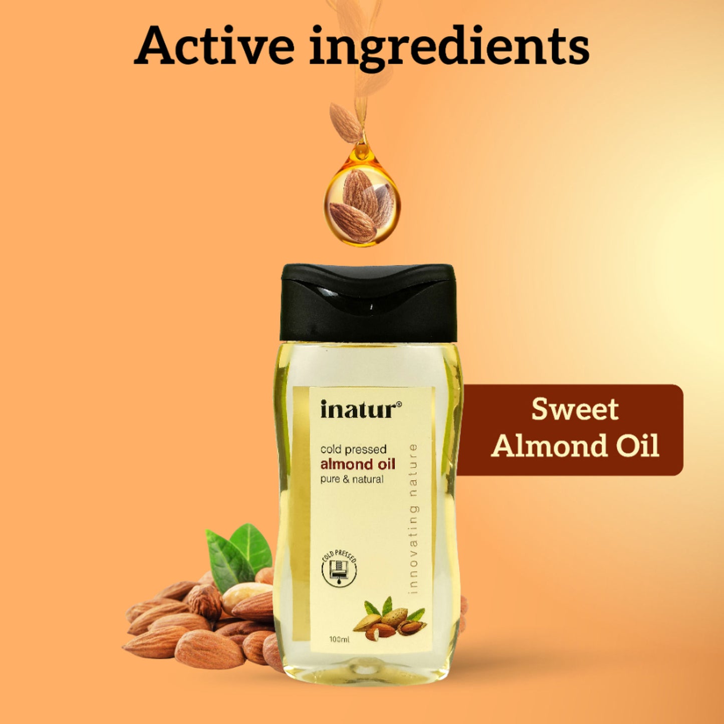 inatur Almond Oil, 100% Pure, Cold Pressed & Organic, for Face, Body, Hair & Baby Care