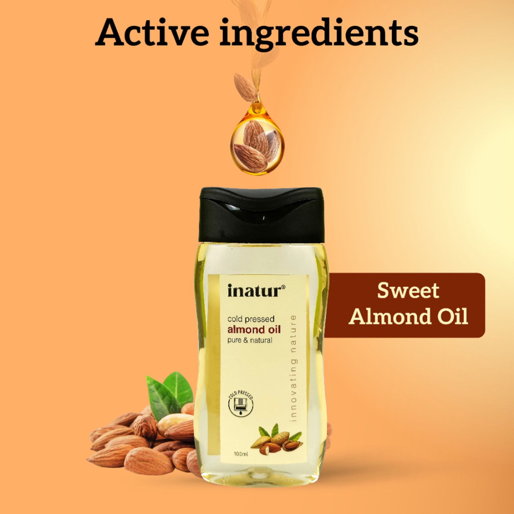 inatur Almond Oil, 100% Pure, Cold Pressed & Organic, for Face, Body, Hair & Baby Care
