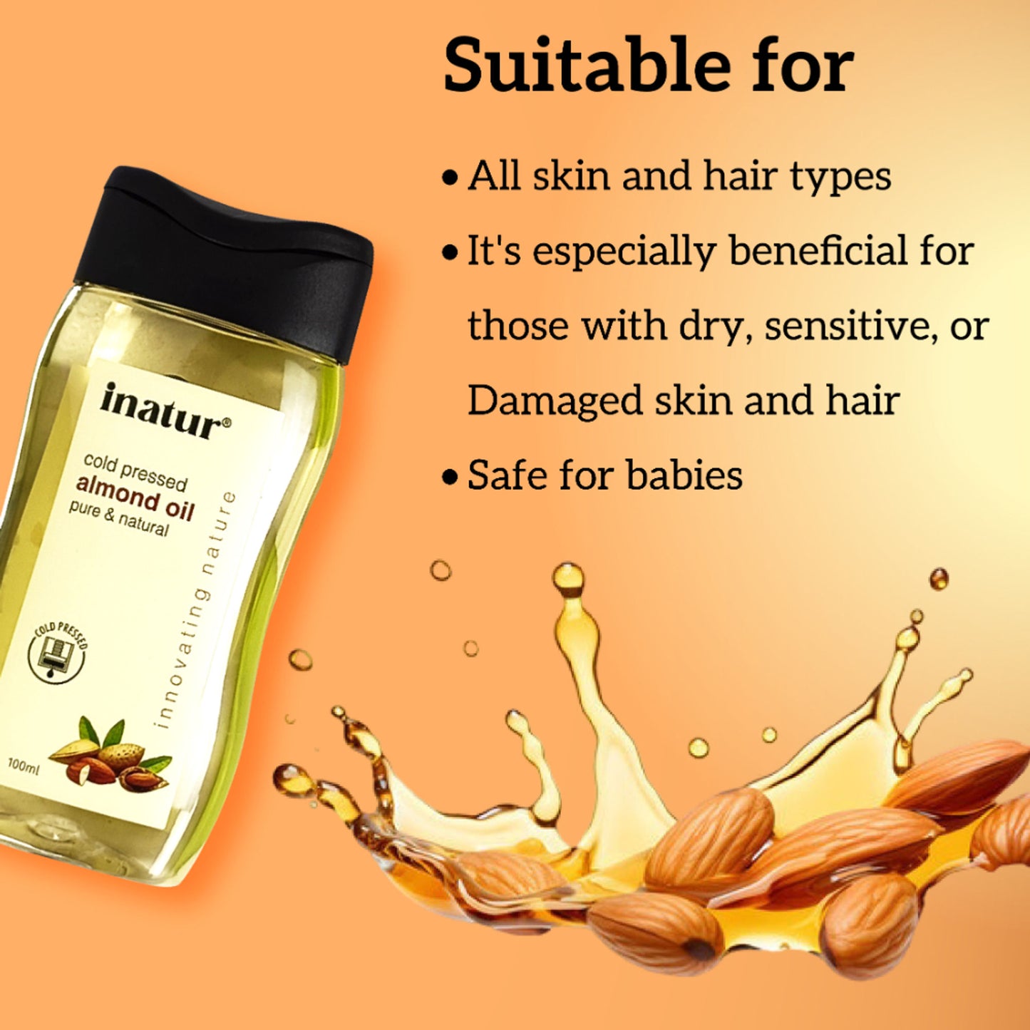 inatur Almond Oil, 100% Pure, Cold Pressed & Organic, for Face, Body, Hair & Baby Care