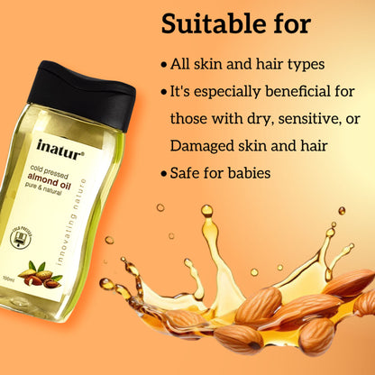 inatur Almond Oil, 100% Pure, Cold Pressed & Organic, for Face, Body, Hair & Baby Care