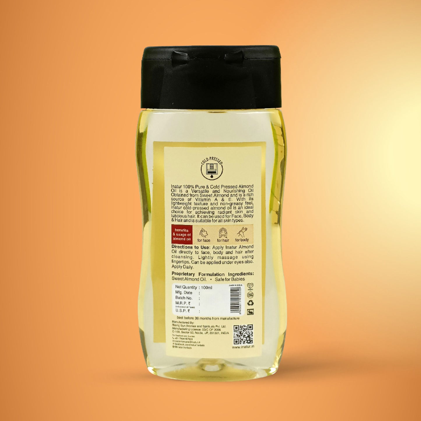 inatur Almond Oil, 100% Pure, Cold Pressed & Organic, for Face, Body, Hair & Baby Care