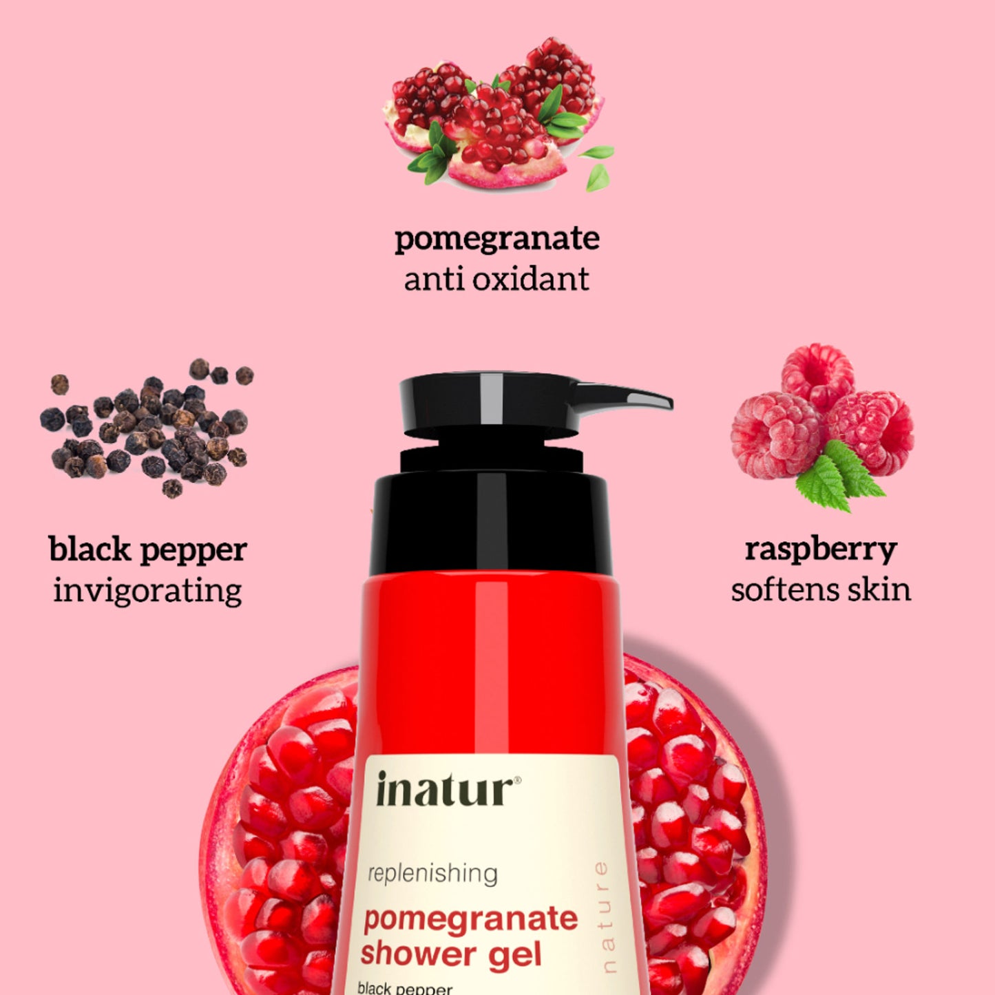 inatur Shower Gel with Pomegranate, Raspberry, and Black Pepper for Daily Refreshing Wash
