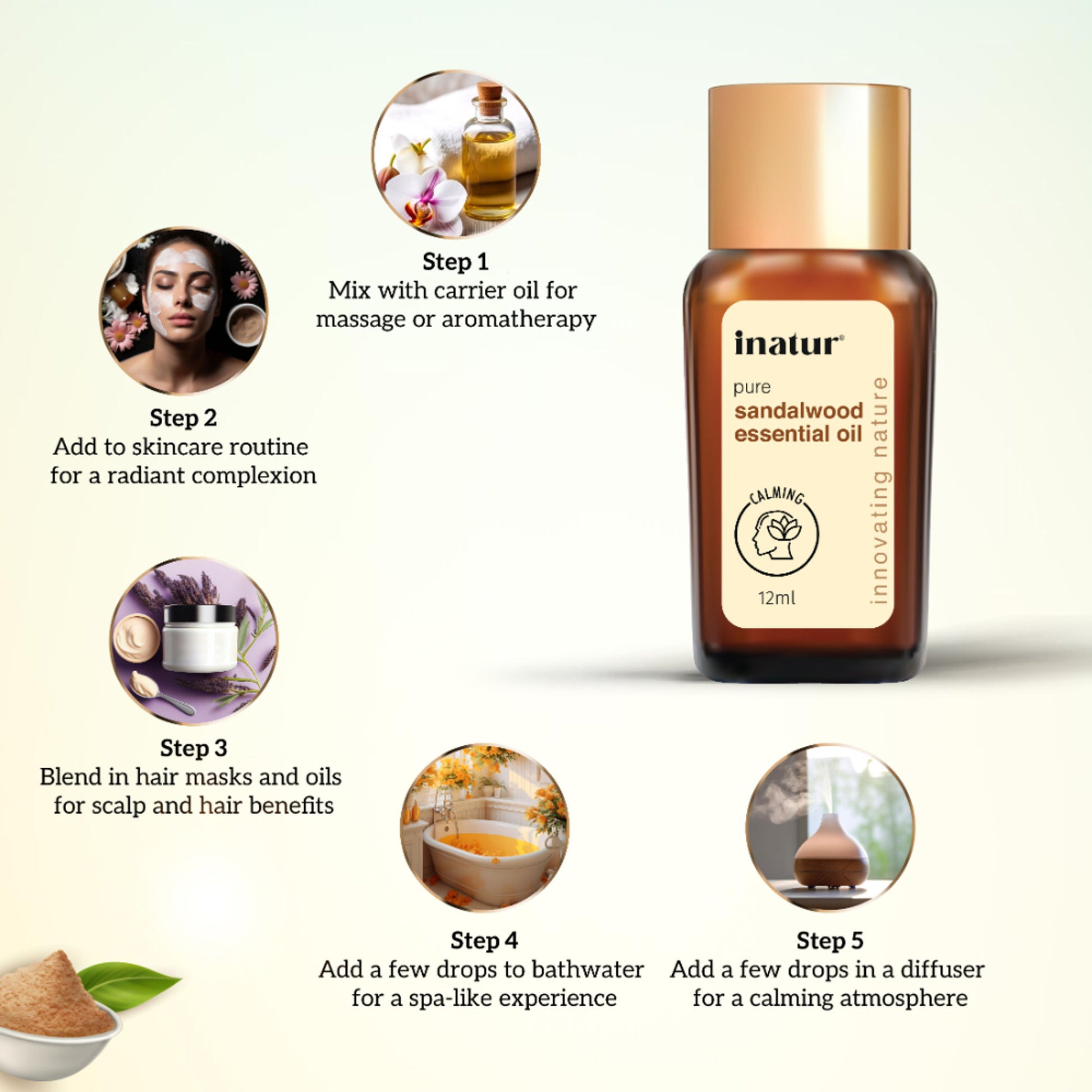 inatur Sandalwood Essential Oil, Pure & Natural, for Skin, Face, Aromatherapy & Diffuser Use