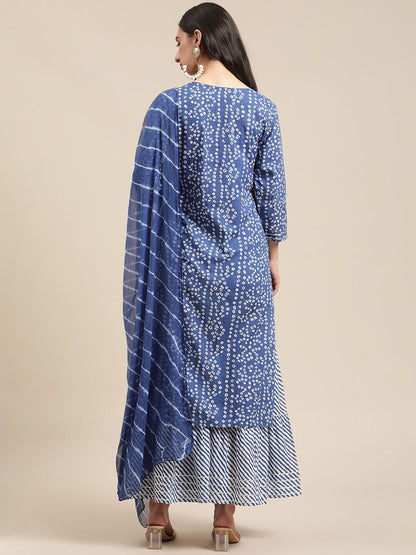 Indyancart VA Women'sBlue And White Zari Embroidery Leheriya Kurta Sharara Set With Leheriya Dupatta