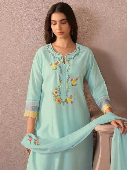 Women Floral Embroidered Regular Thread Work Kurta with Trousers & With Dupatta