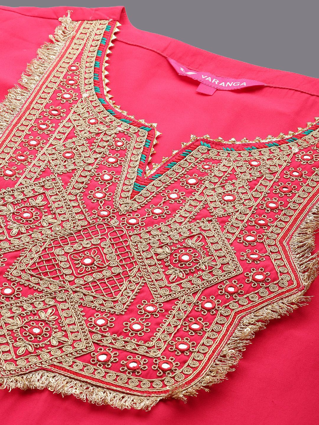 Indyancart VA Geometric Embroidered Mirror Work Straight Kurta with Palazzo & Dupatta