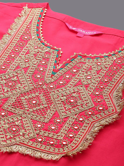 Indyancart VA Geometric Embroidered Mirror Work Straight Kurta with Palazzo & Dupatta