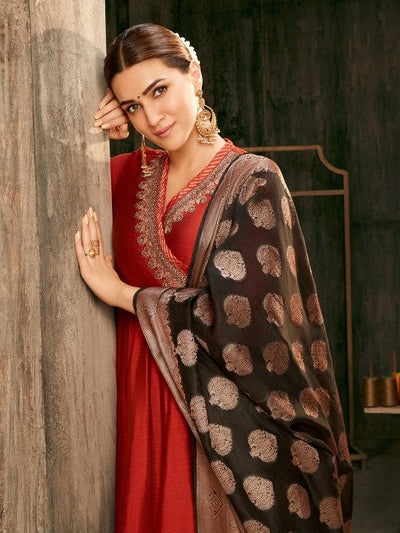 Women's Rust Embroidered Angrakha Festive Anarkali Suit Set