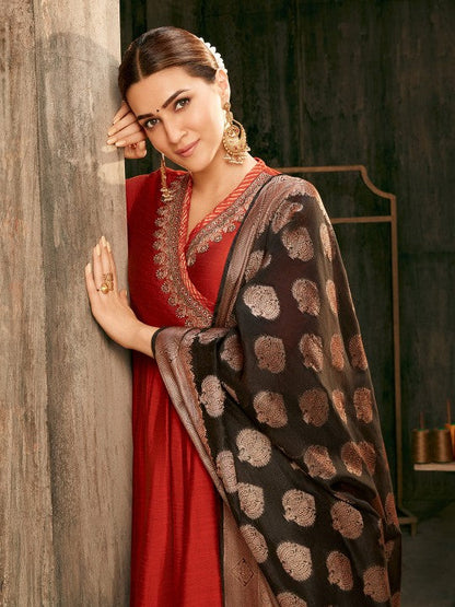 Women's Rust Embroidered Angrakha Festive Anarkali Suit Set